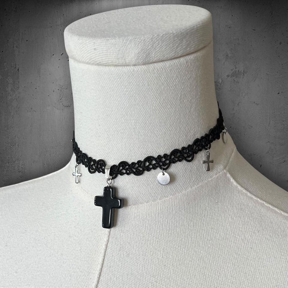 Obsidian Cross Pendant Black Lace Choker Charm Necklace